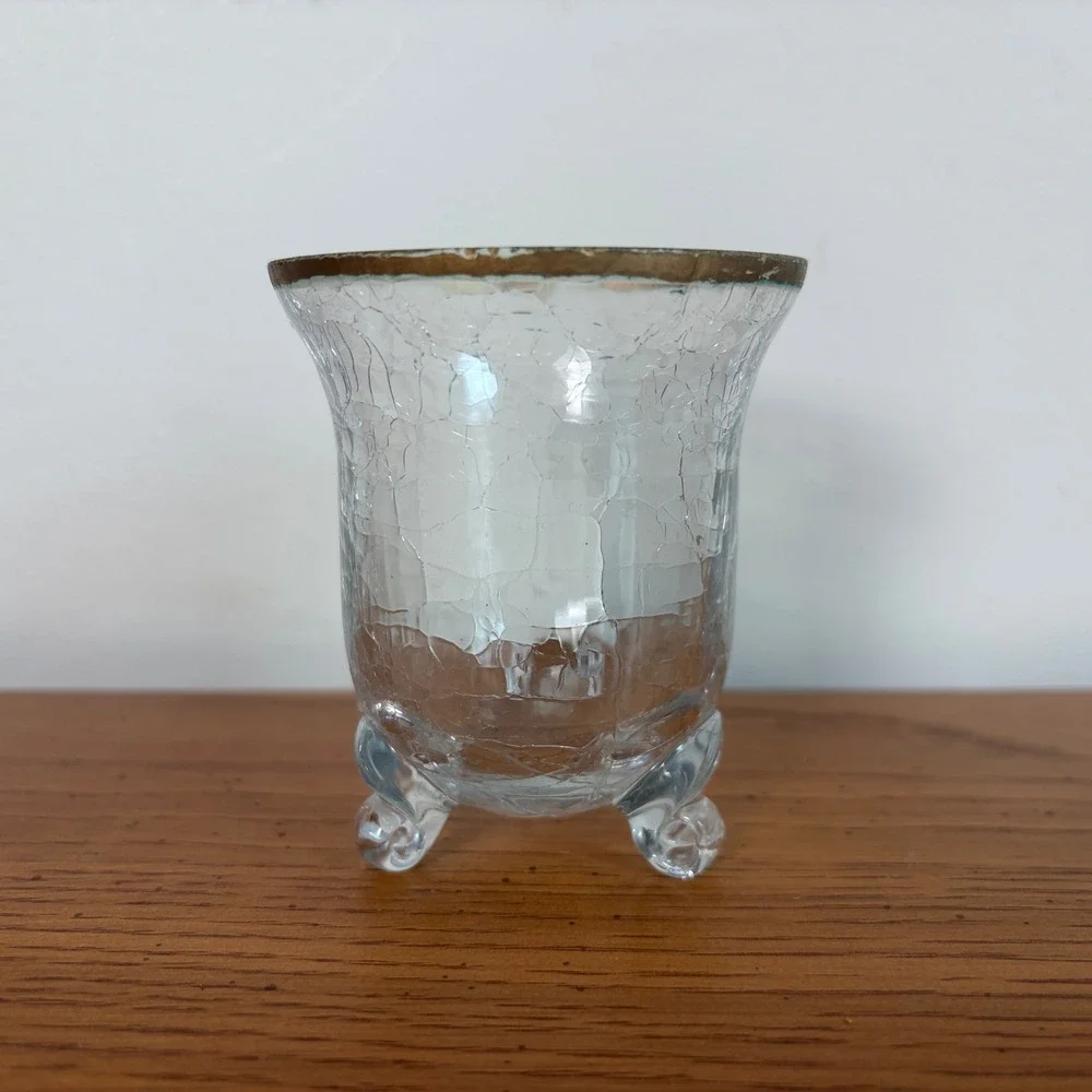 Vintage Clear Crackle Glass Footed Votive Holder Gold Rim Tripod Base
